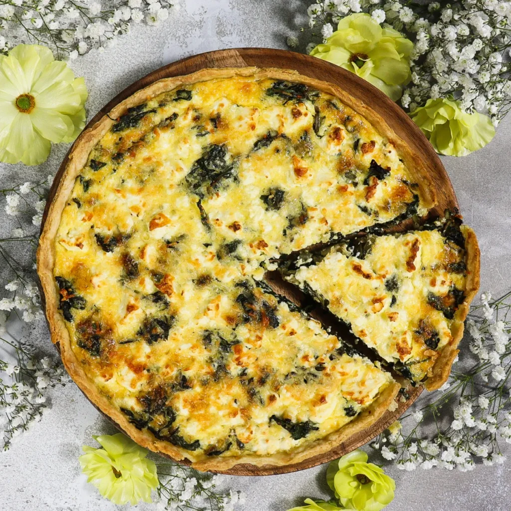 dandelion greens and feta tart, savoury tart recipe, cooking with dandelion greens