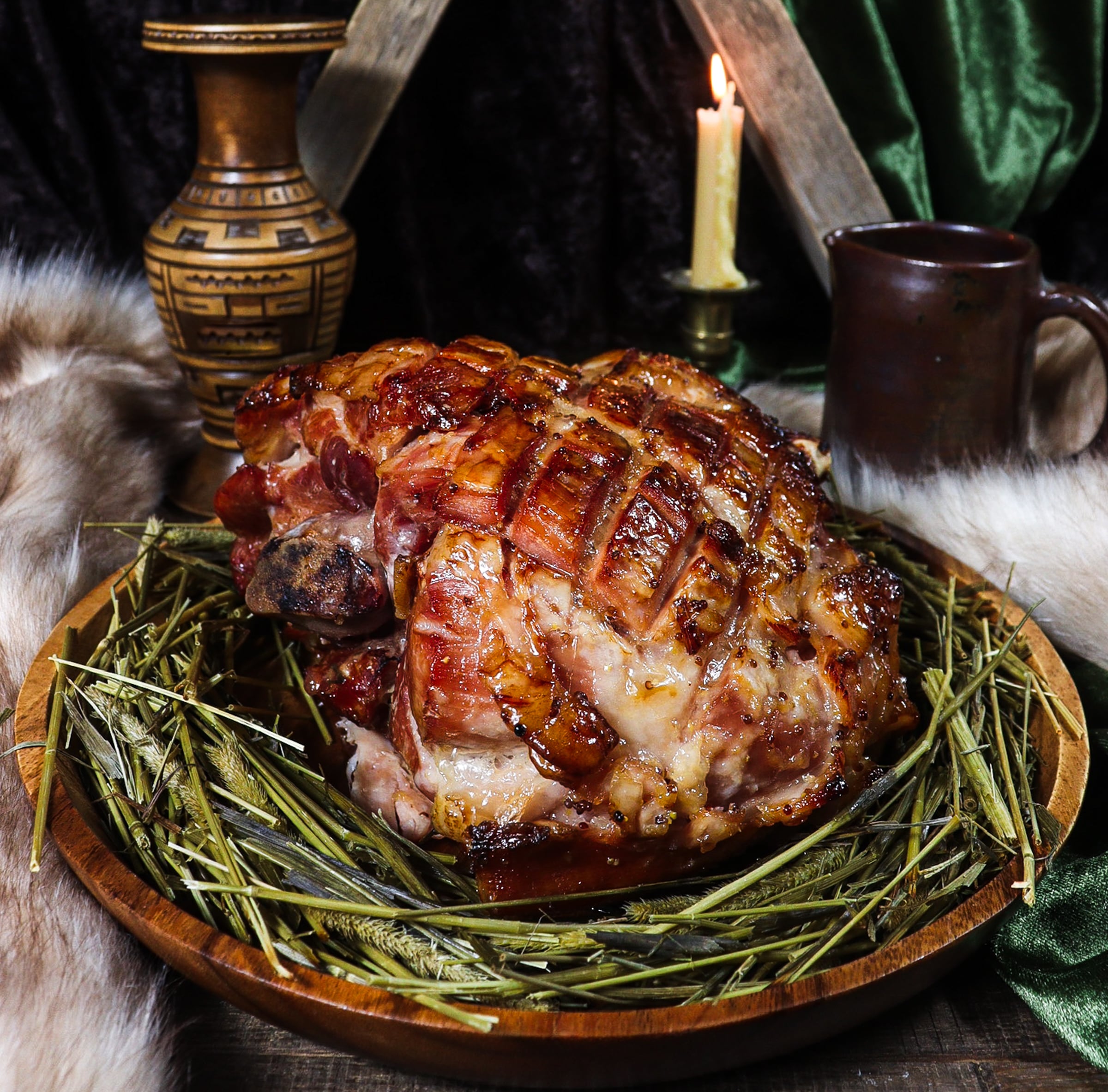 Mead glazed ham baked in hay