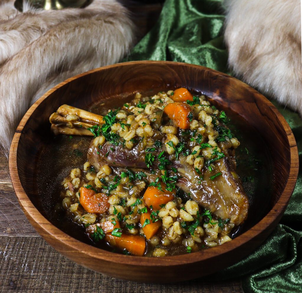 ale braised lamb shanks with barley, rohan feast