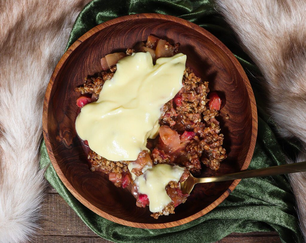 rhubarb apple crisp, hay infused custard