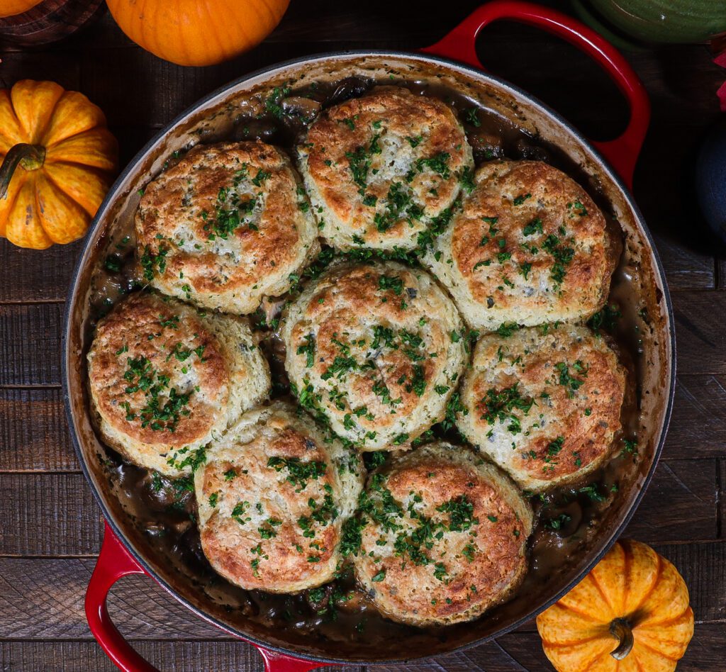 chicken pot pie with biscuits, cheddar sage biscuits