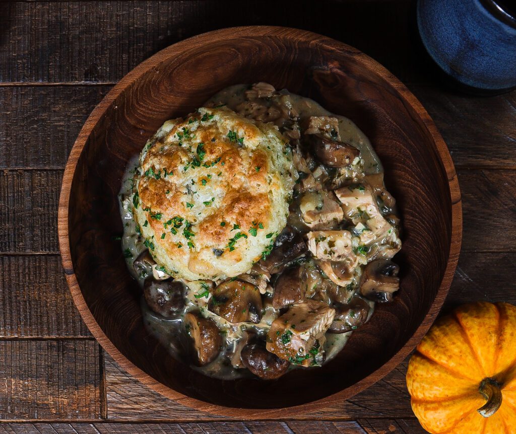 chicken pot pie with biscuits, cheddar sage biscuits