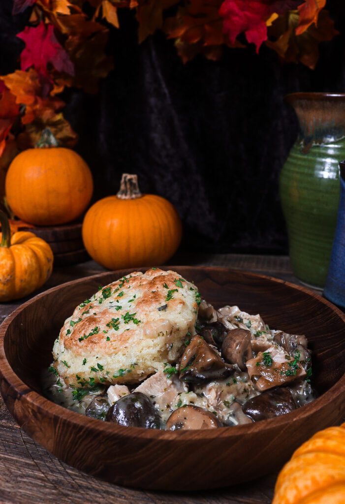 chicken and mushroom pot pie, cheddar sage biscuits, hobbit food