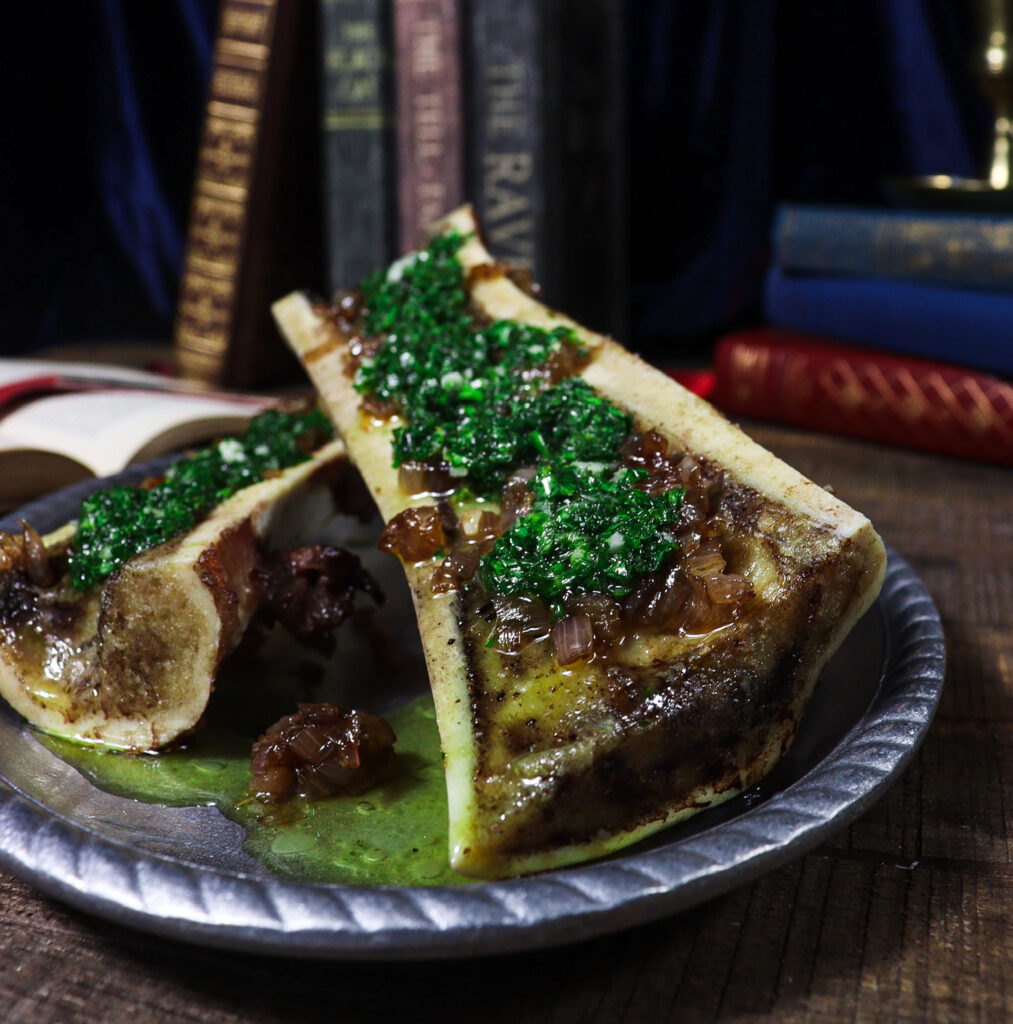 roasted bone marrow, bone marrow with caramelized shallots, clued themed party