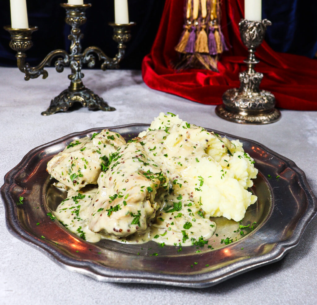 rabbit with mustard sauce, clue themed party food