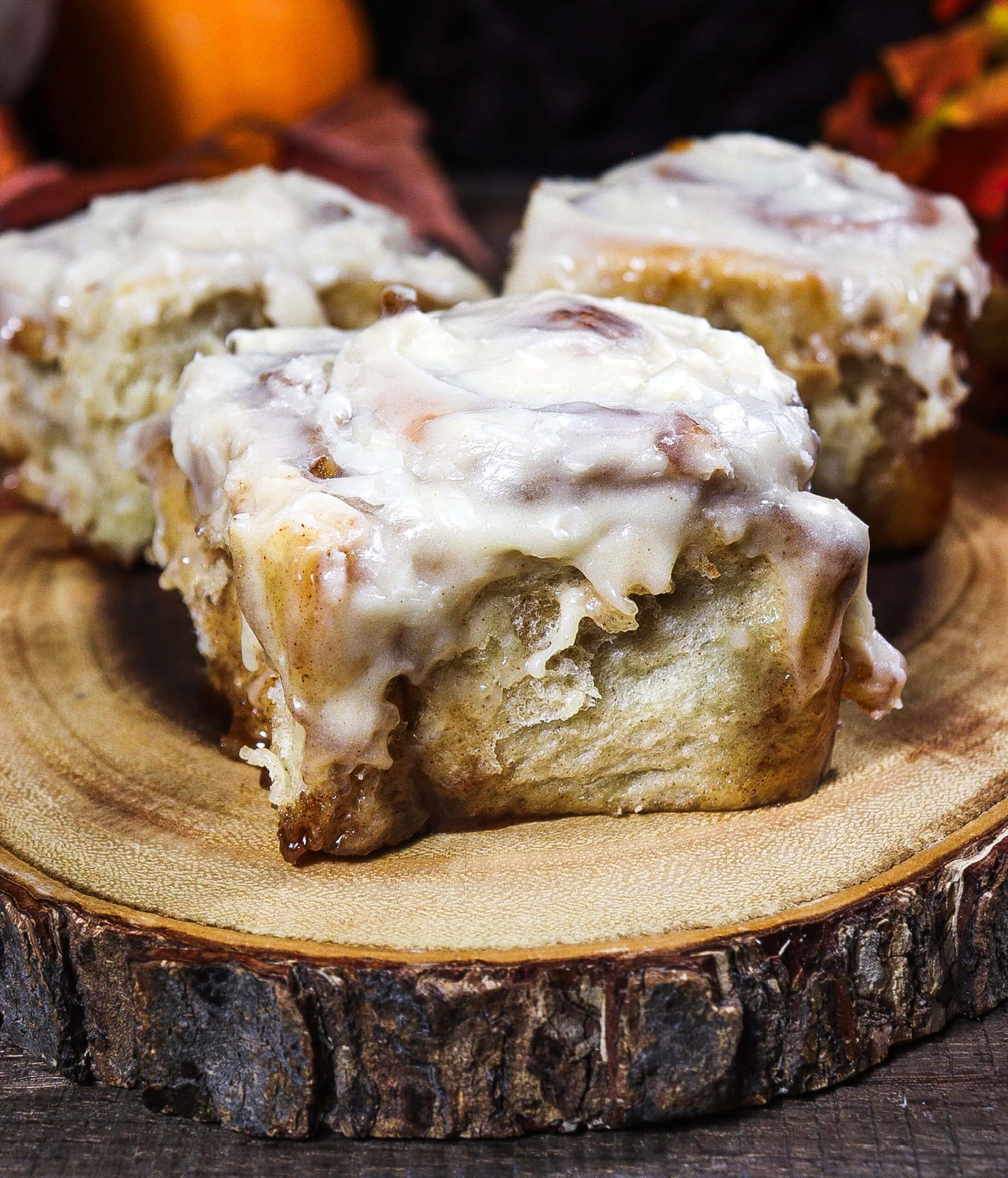apple cider cinnamon rolls, brown butter cream cheese icing