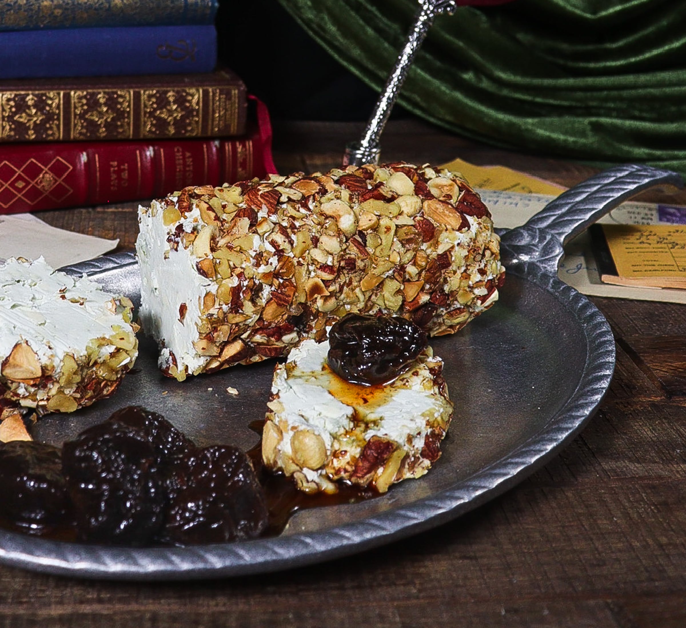Blue Cheese Nut Log with Port Poached Prunes