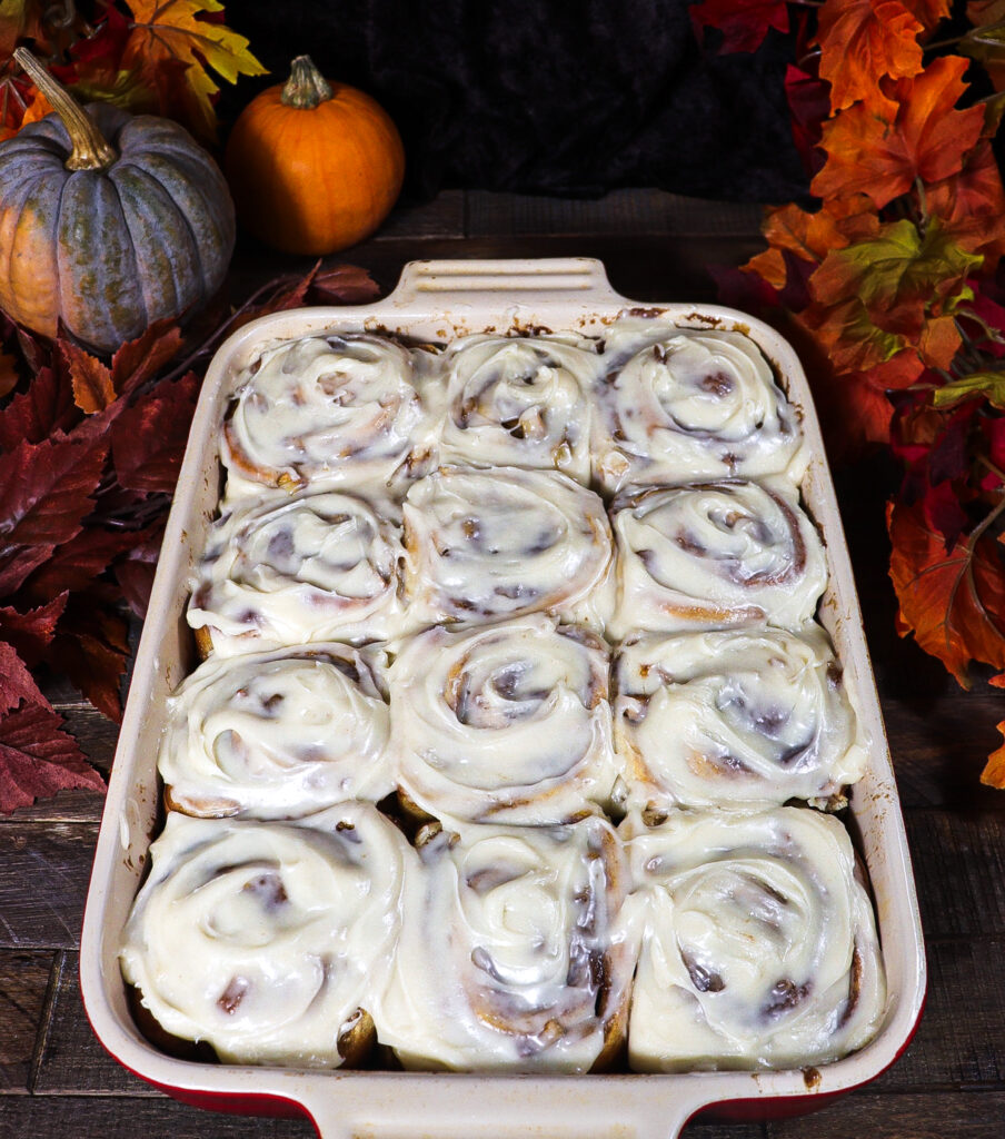 apple cider cinnamon rolls, brown butter cream cheese icing