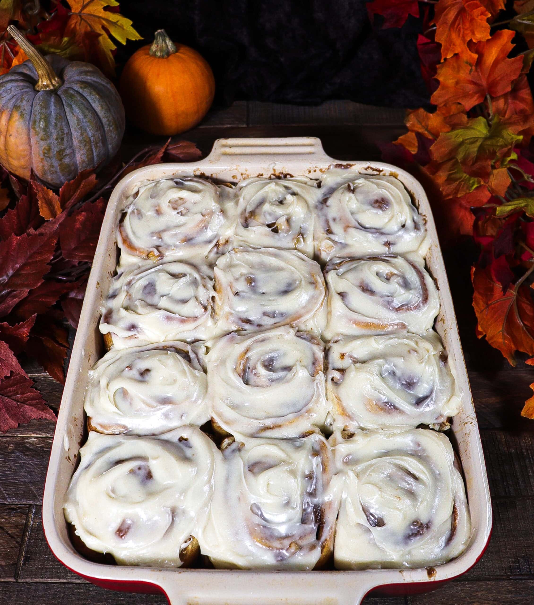 apple cider cinnamon rolls, brown butter cream cheese icing