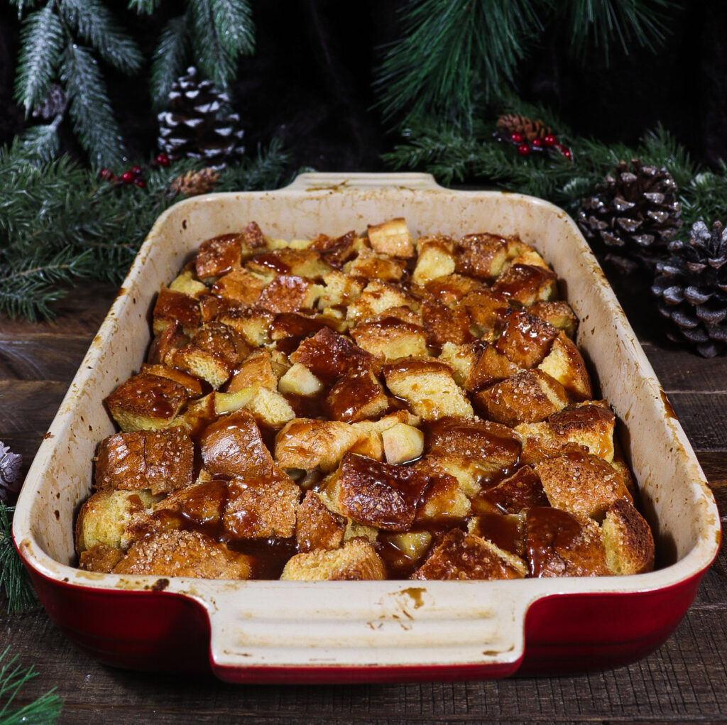 pear bread pudding, bread pudding with caramel sauce