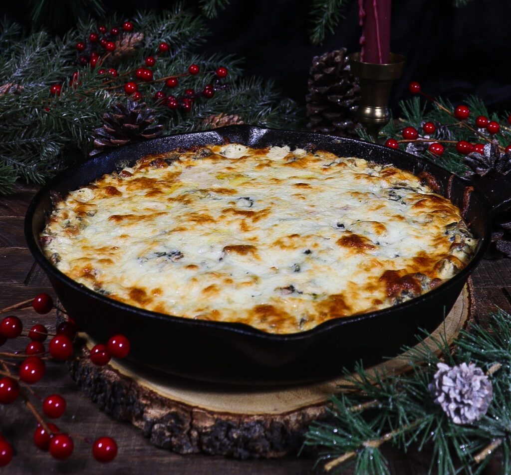 sausage and swiss chard dip, yule feast menu, winter solstice menu