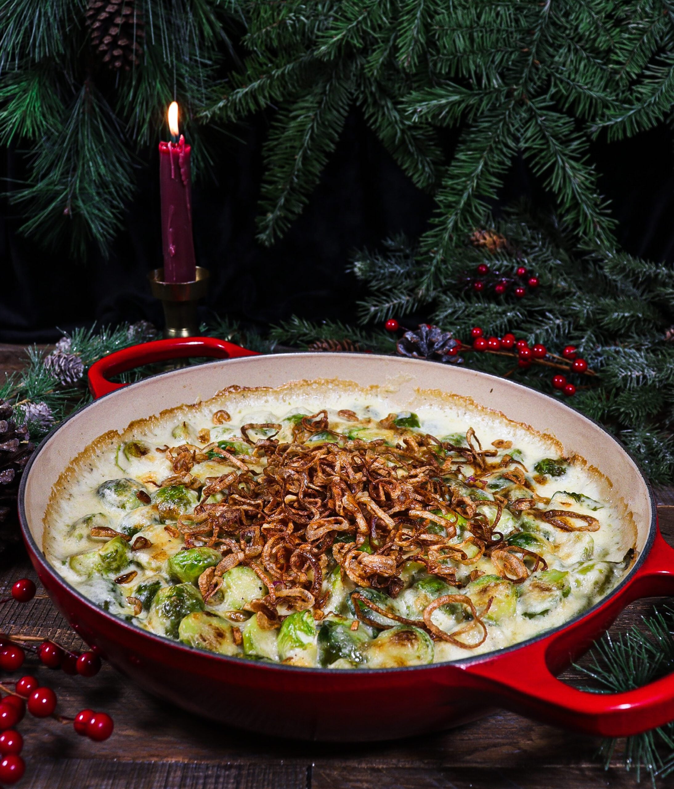Brussels Sprout Gratin with Crispy Shallots