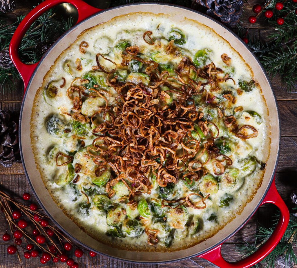 brussles sprouts in cream, crispy shallots, winter solstice recipe