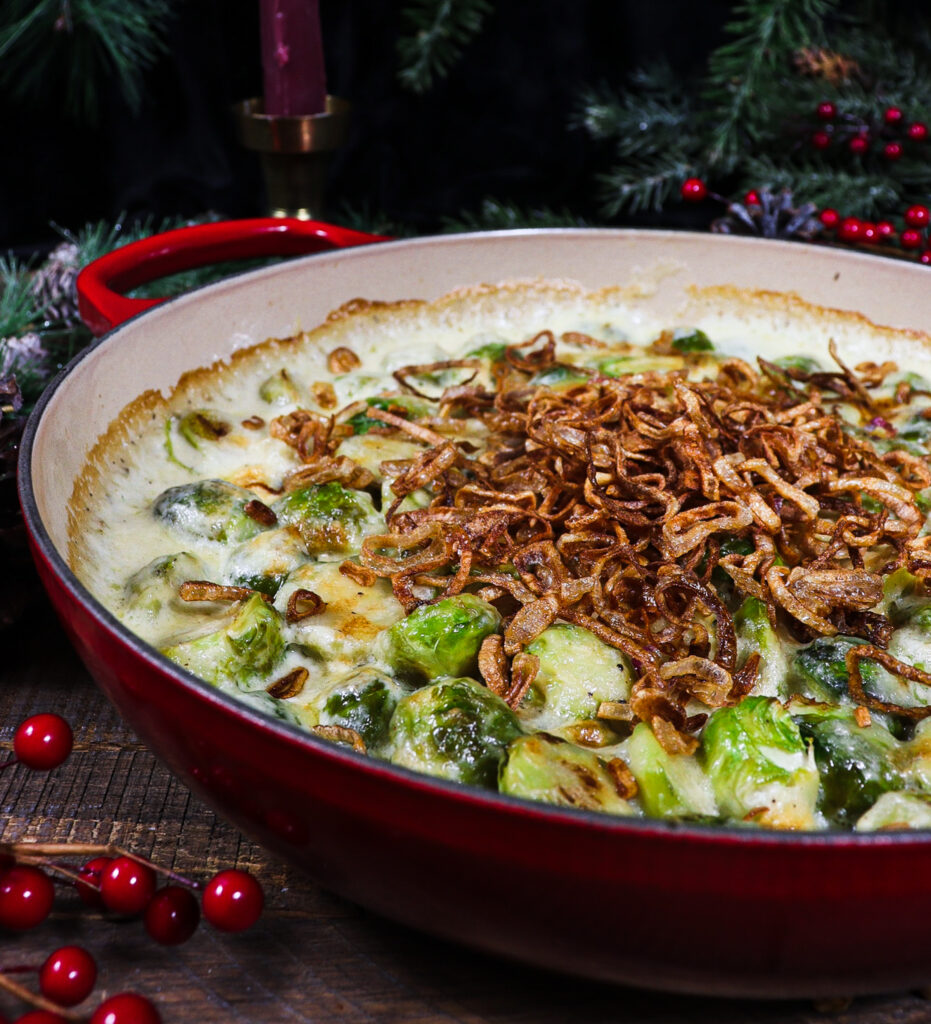 brussels sprouts in cream, crispy shallots, winter solstice recipe