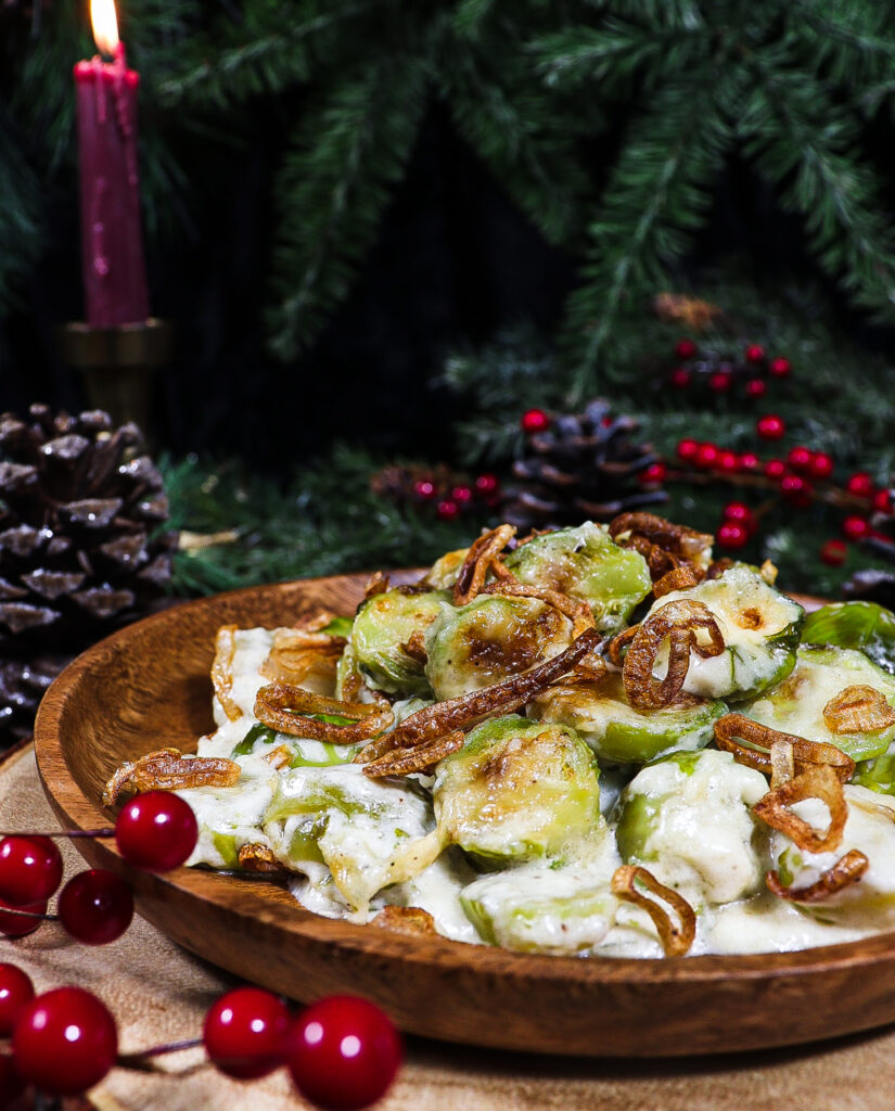 brussels sprouts in cream, crispy shallots, vegetable christmas side dishes