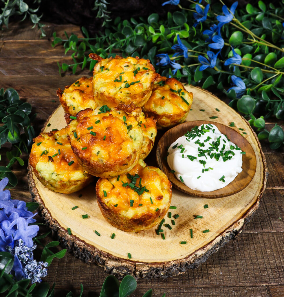 cheese and chive potato puffs, cheesy mashed potato puffs, alice in wonderland party menu