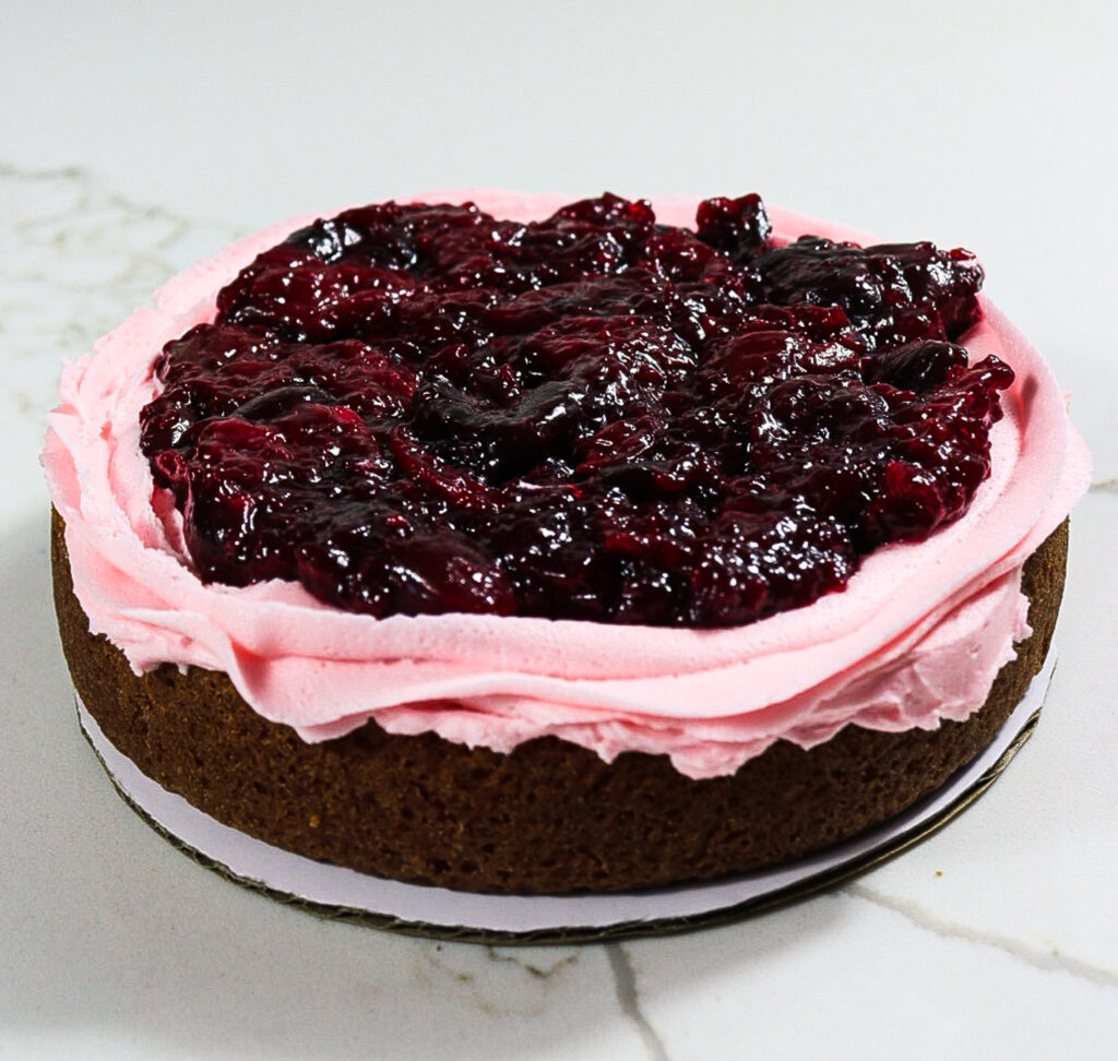 almond cake with cherry filling, alice in wonderland cake