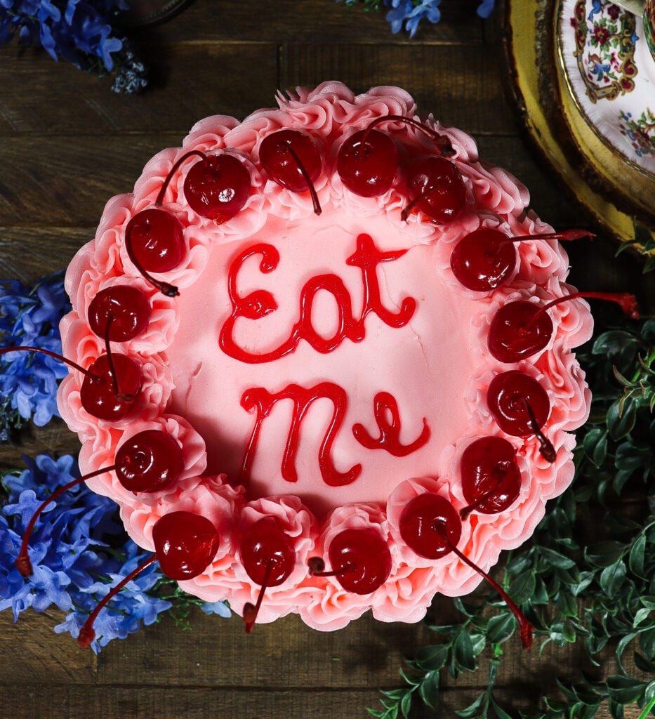 alice in wonderland cake, almond cake with cherry filling