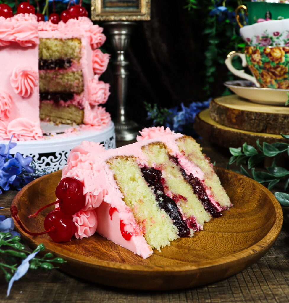 cherry almond cake, alice in wonderland cake