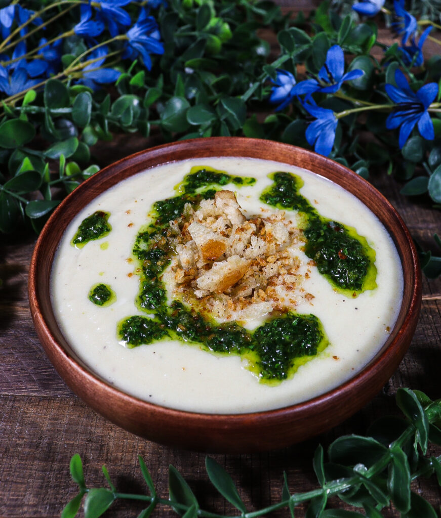 roasted cauliflower leek soup, alice in wonderland themed menu