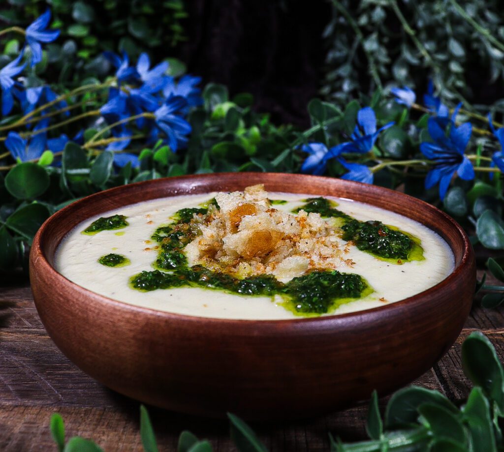 cauliflower leek soup with gremolata, puréed cauliflower soup, alice in wonderland themed menu