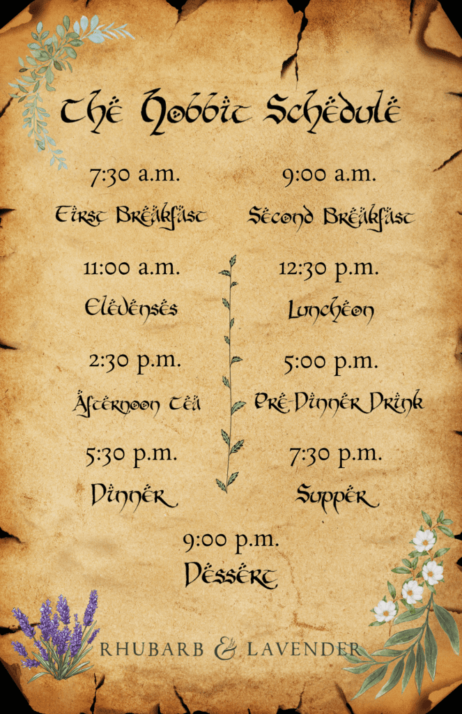hobbit meal schedule, hobbit day menu, hobbit meal plan