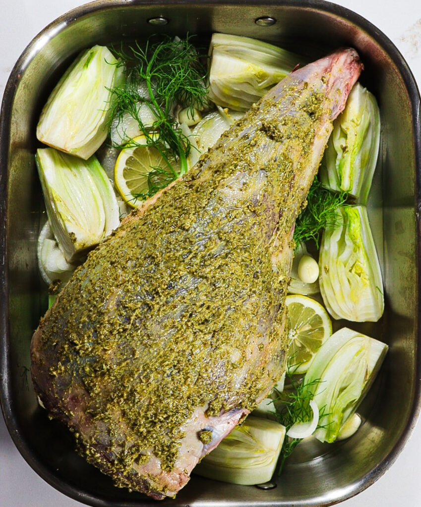 slow roasted leg of lamb, lamb with mustard sauce, lamb with fennel