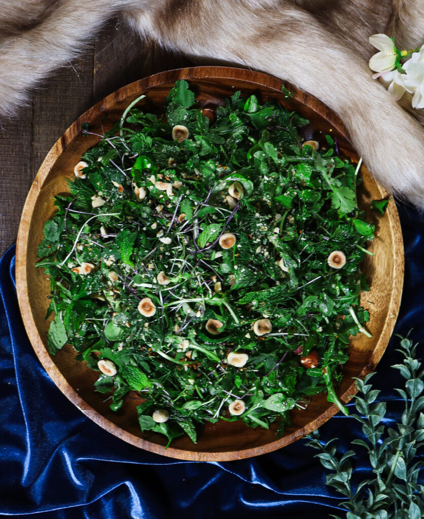 fresh herb salad, hazelnut vinaigrette
