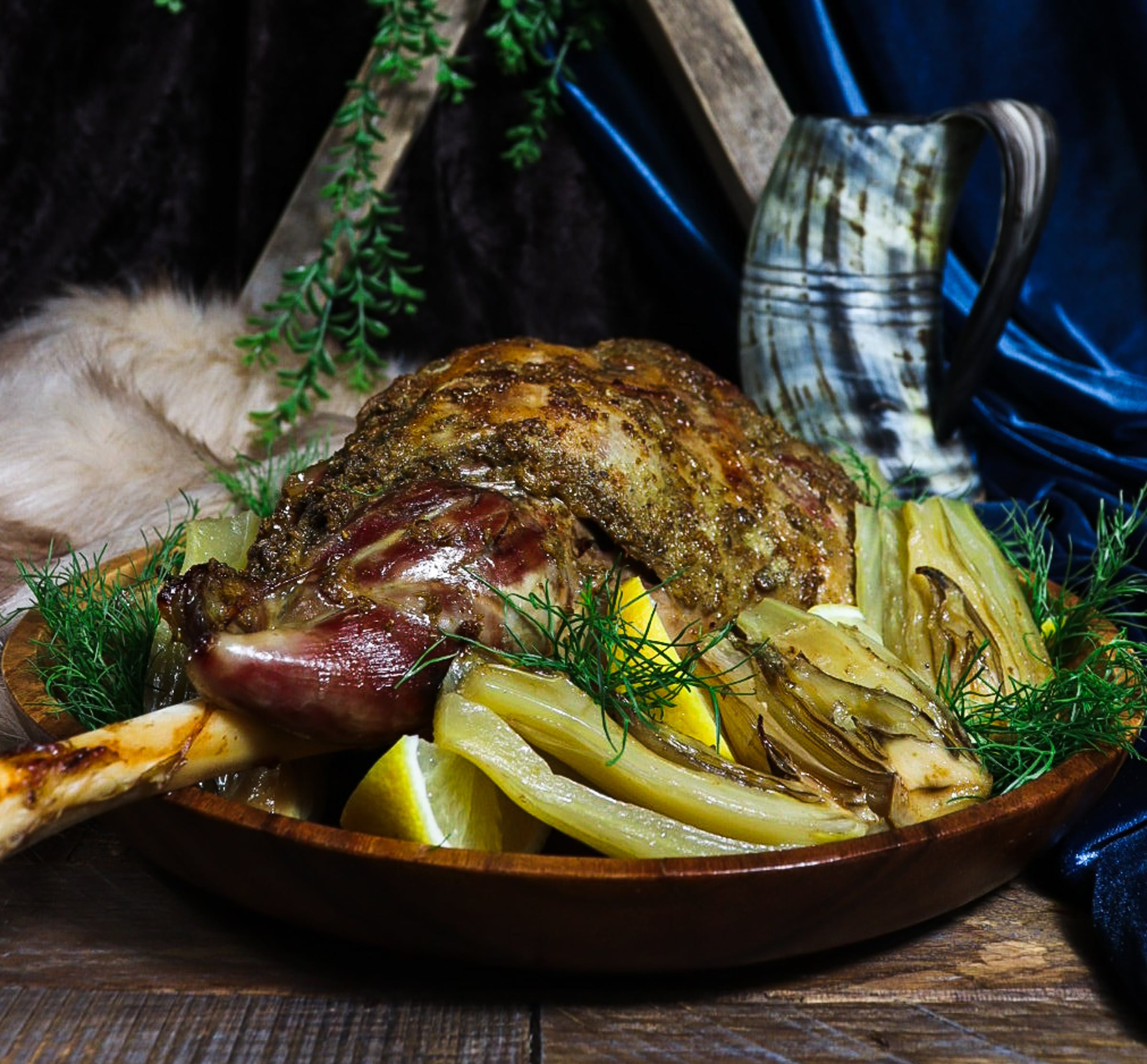 Slow Roasted Leg of Lamb with Mustard and Fennel