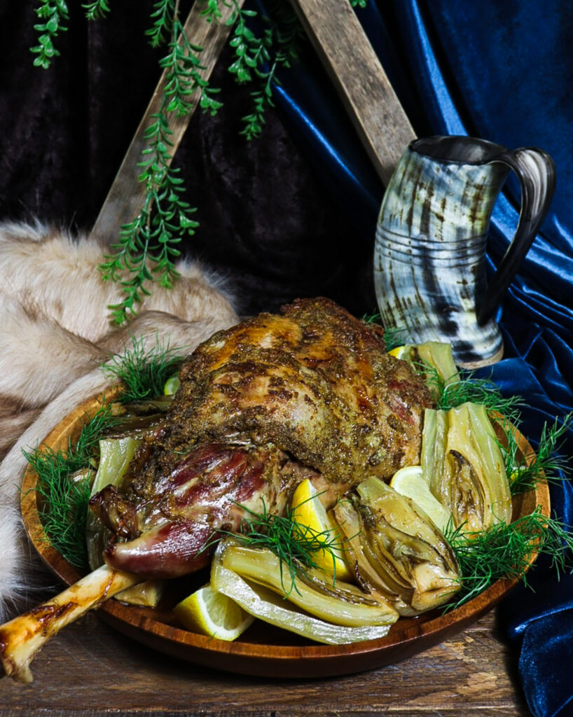 slow roasted leg of lamb, lamb with fennel, viking feast