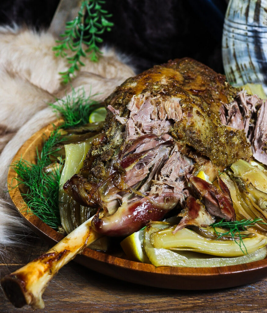 slow roasted leg lamb, lamb with mustard sauce