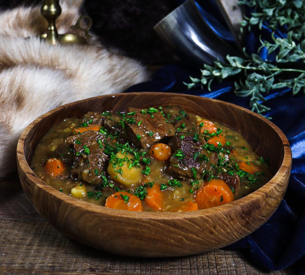 juniper and beer beef stew, mythology inspired recipes, old norse recipes