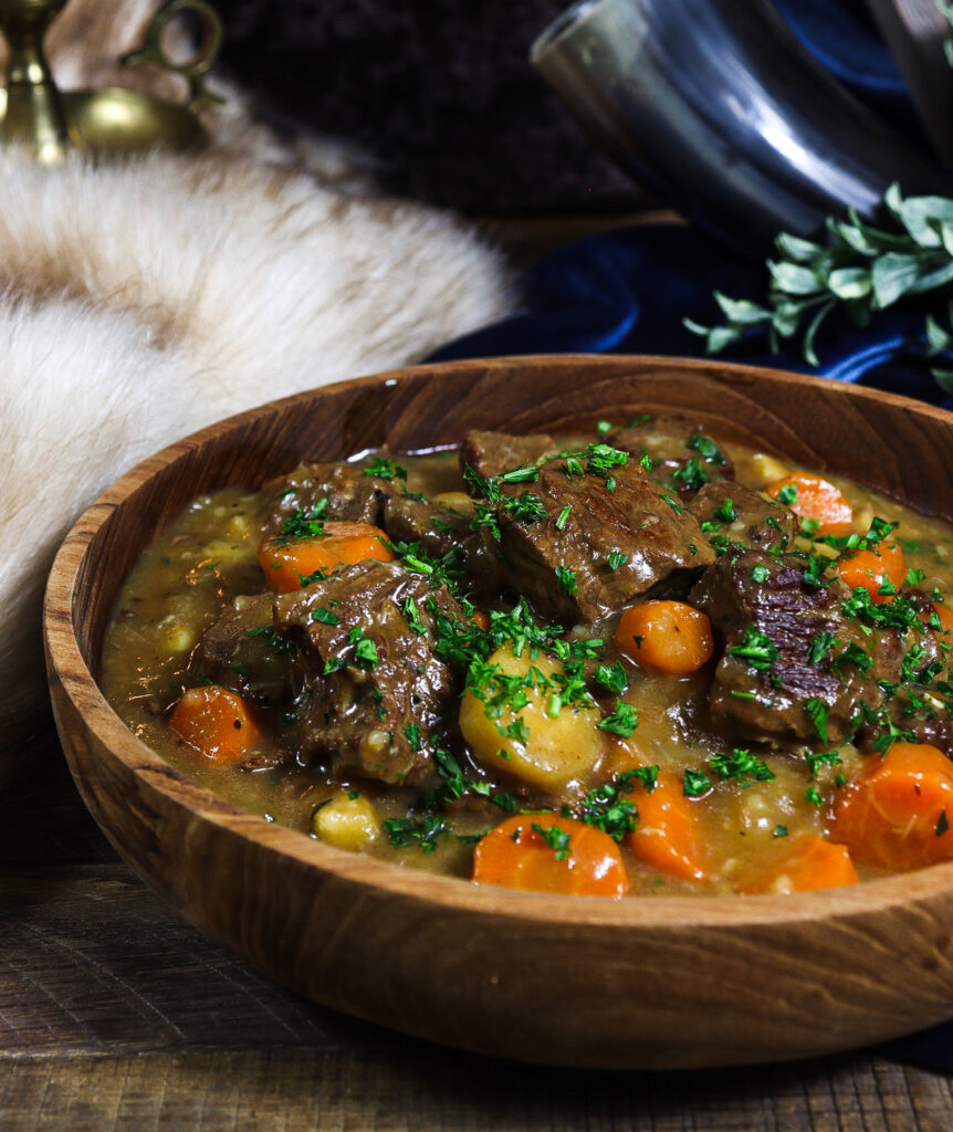 juniper and beer beef stew, old norse recipes
