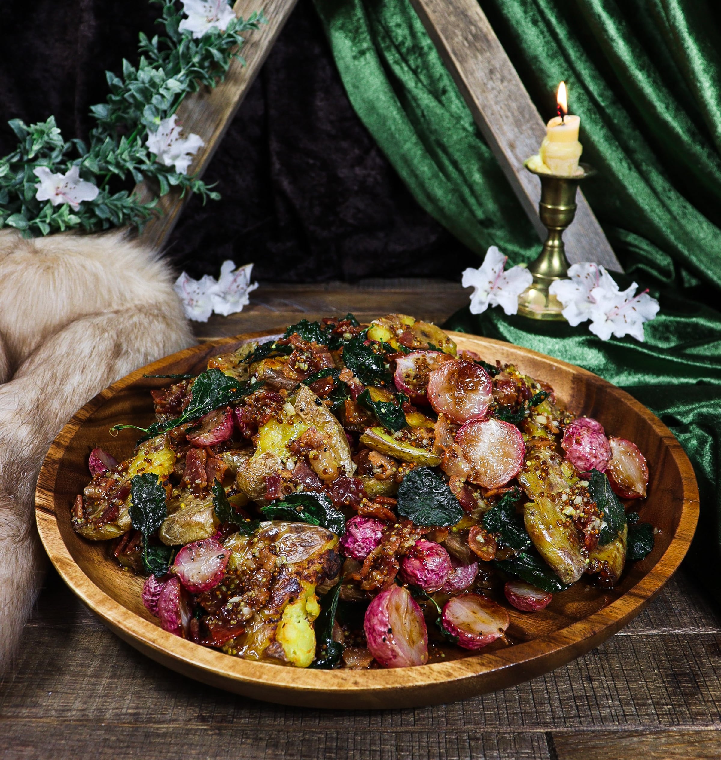 crispy smashed potatoes, potatoes and radishes recipe, spring in middle earth