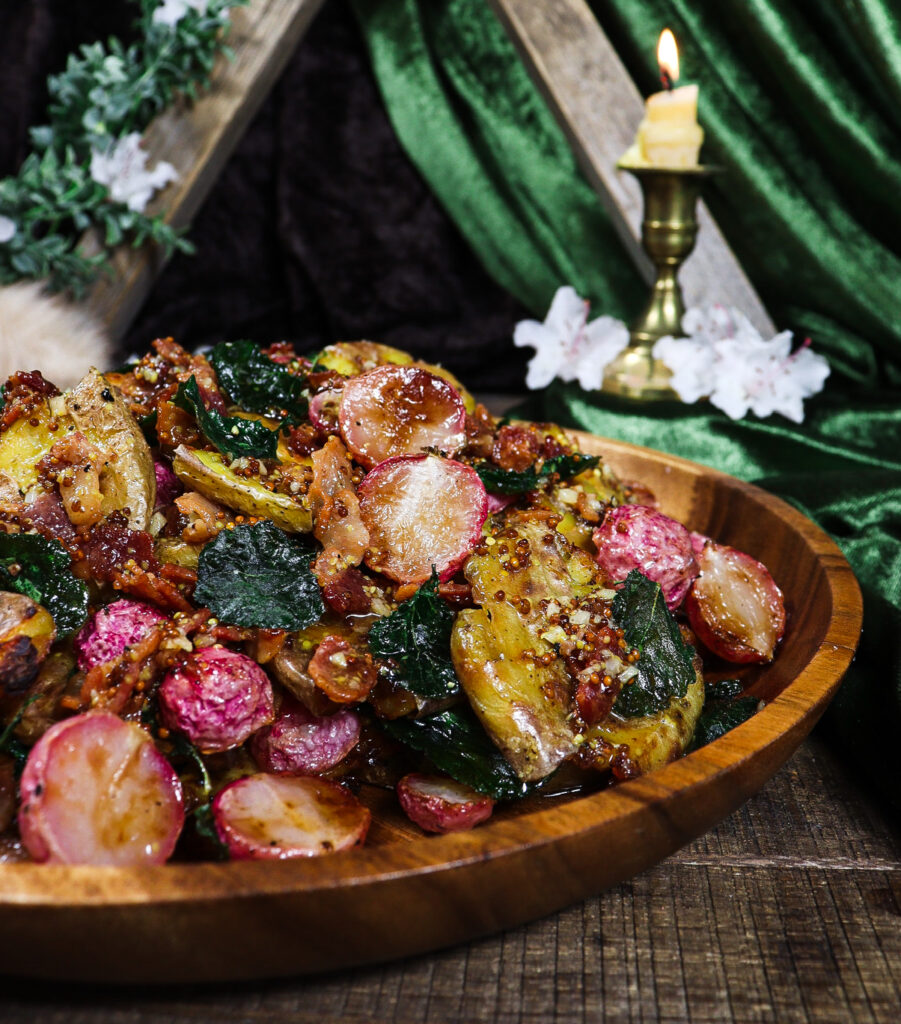 crispy smashed potatoes, bacon vinaigrette recipe, spring in middle earth