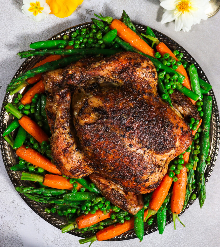 roast chicken with spring vegetables, middle earth feast, chamomile chicken