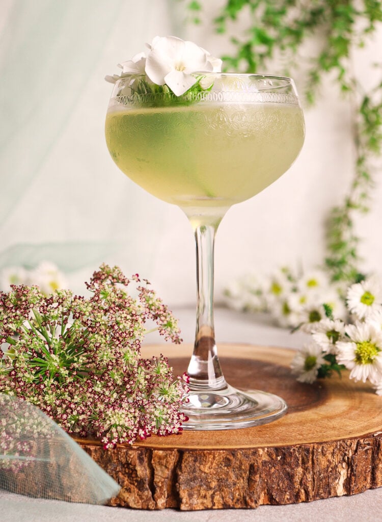 lady of the lake cocktail, botanical gin cocktail, cocktail with green chartreuse