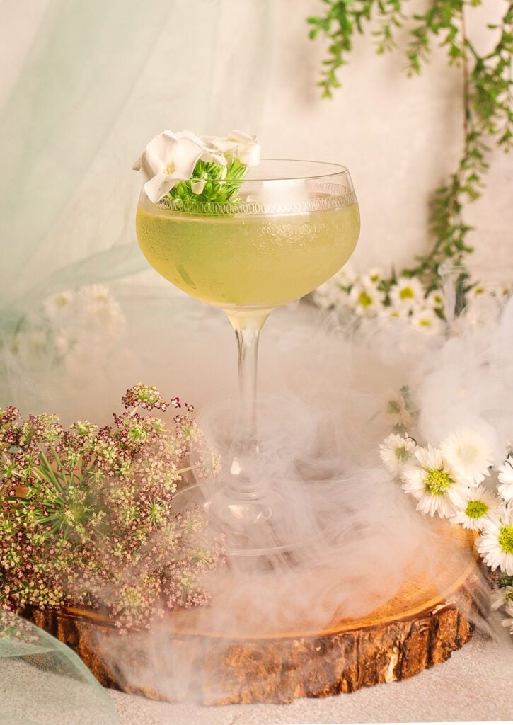 lady of the lake cocktail, cocktail with sweet woodruff, botanical gin cocktails