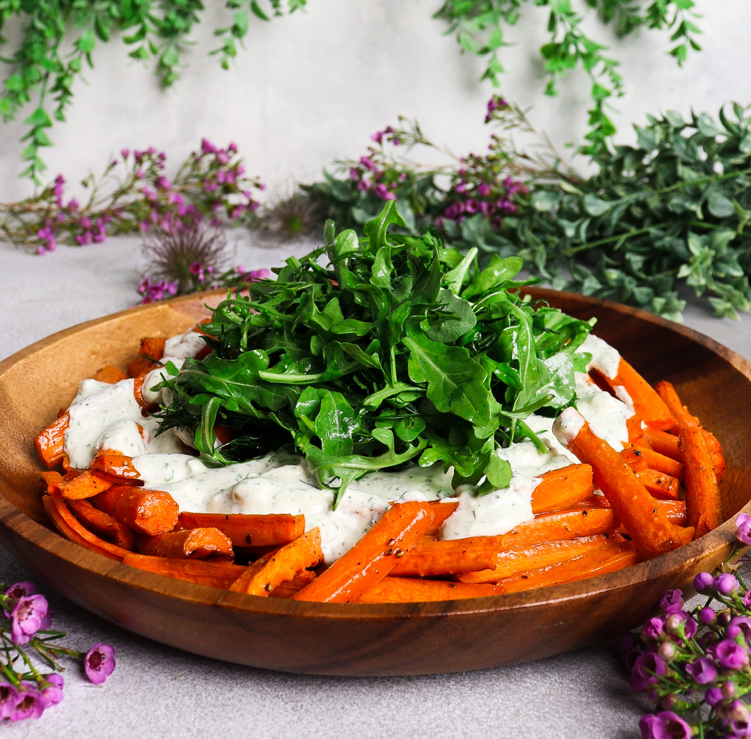 Roasted Carrots with Feta Dill Yogurt and Arugula