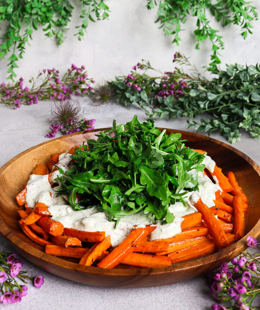 roasted carrots with feta dill yogurt, spring vegetable side dish, yogurt feta dill dressing