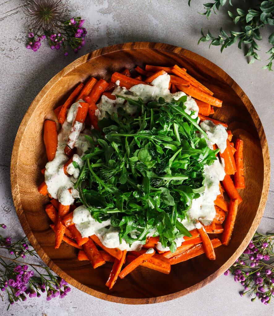 roasted carrots with feta dill yogurt, spring vegetable side dish, yogurt feta dill dressing