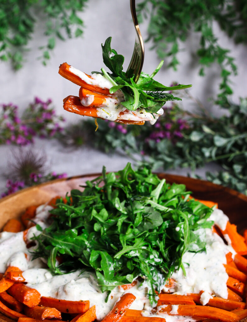 roasted carrot salad, yogurt feta dill dressing, roasted vegetables with arugula