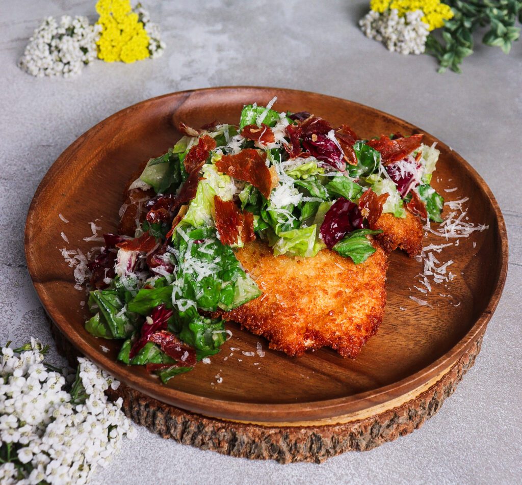 crispy chicken caesar salad, caesar salad with prosciutto