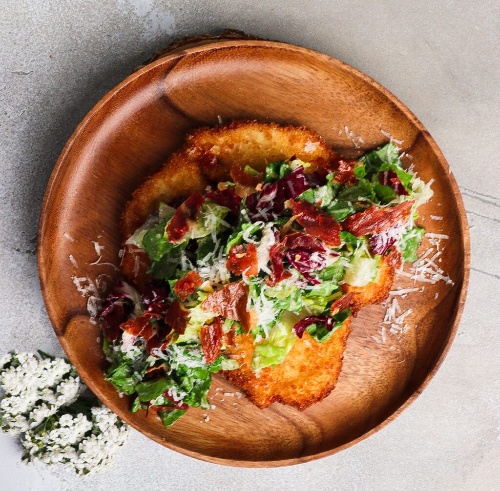crispy chicken caesar salad, caesar salad with prosciutto