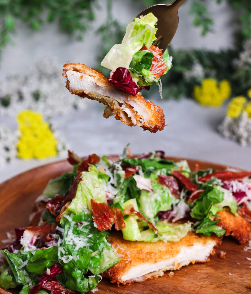 caesar salad crispy chicken, chicken milanese with caesar salad