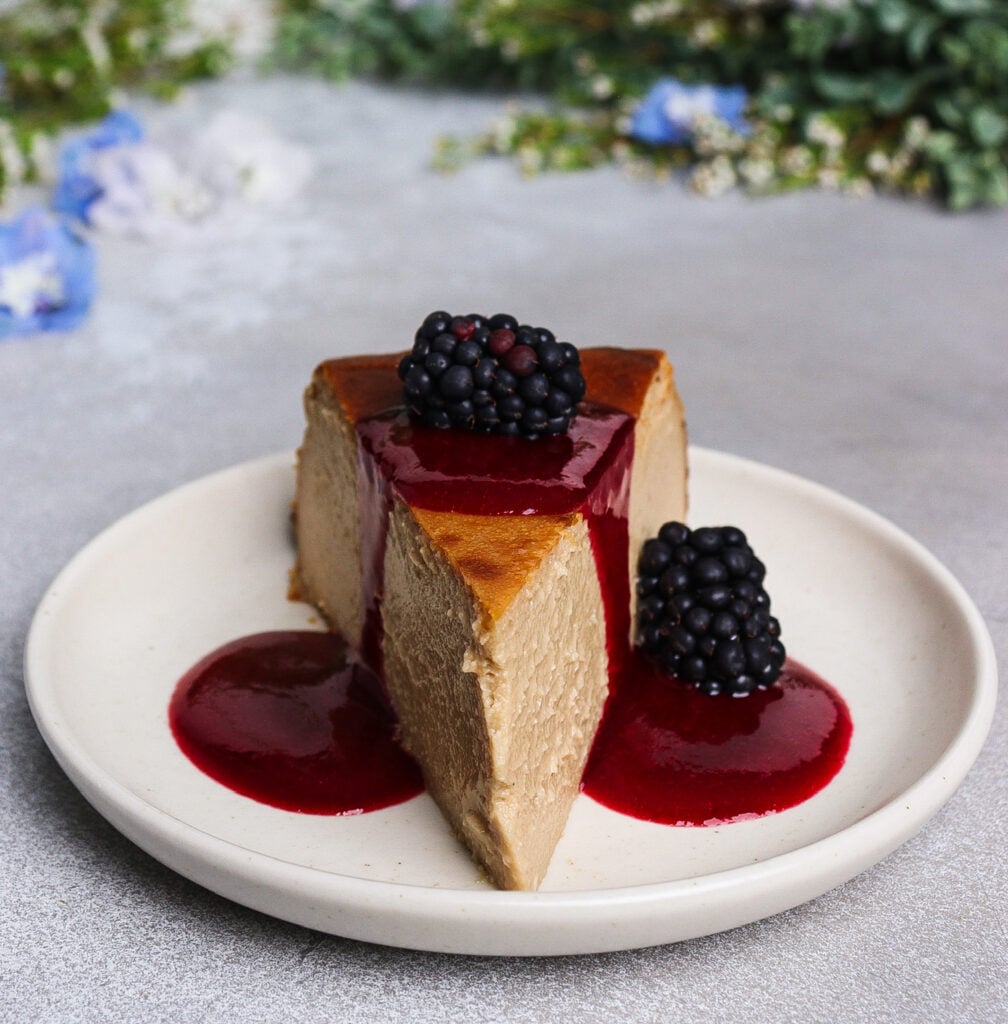 earl grey basque cheesecake, cheesecake with blackberry sauce