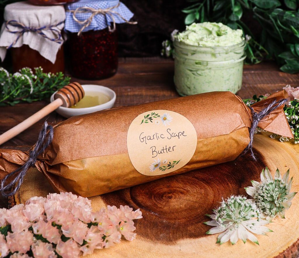 garlic scape compound butter, hobbit recipes, hobbit pantry