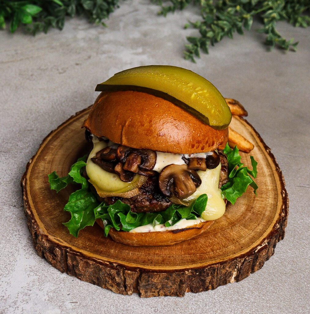 tourtiere burger, maple mustard aioli