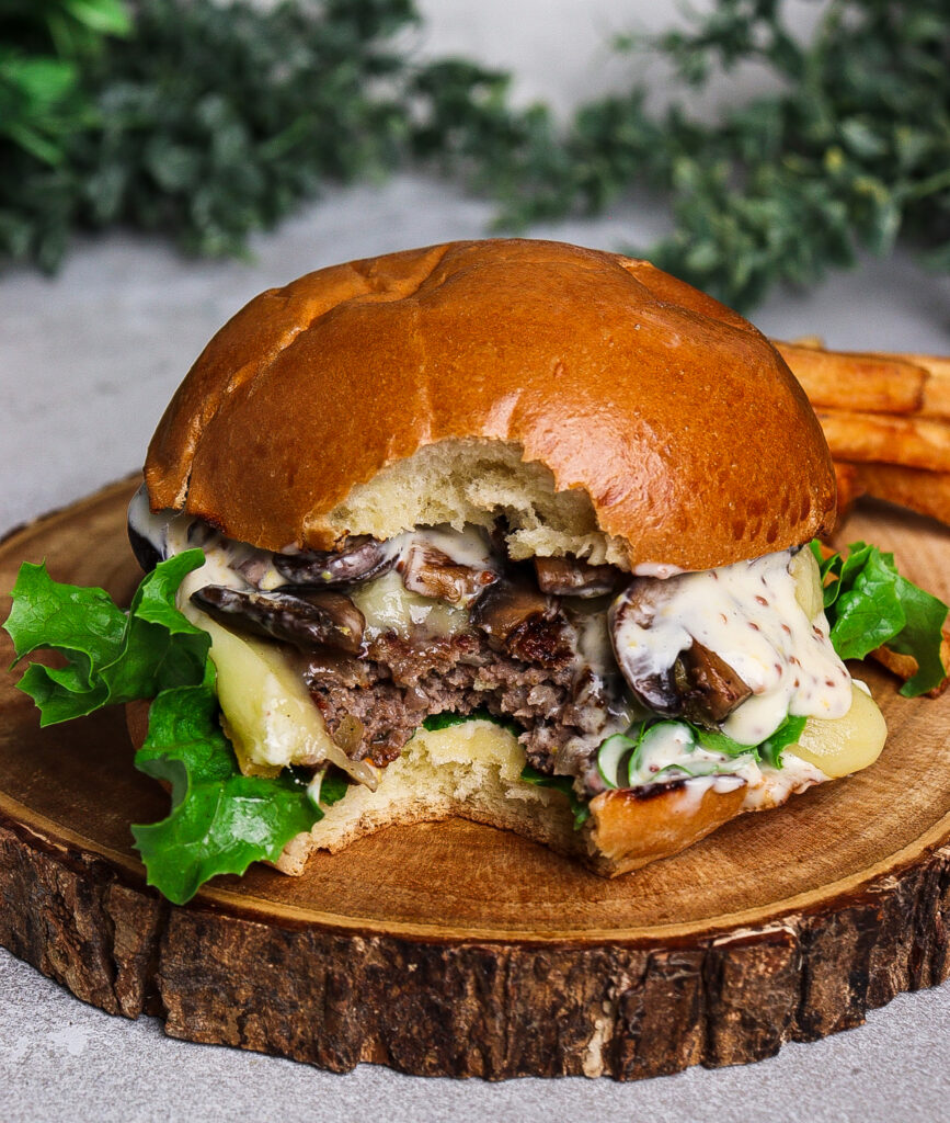 tourtiere inspired burger, beef and pork burger, maple mustard aioli