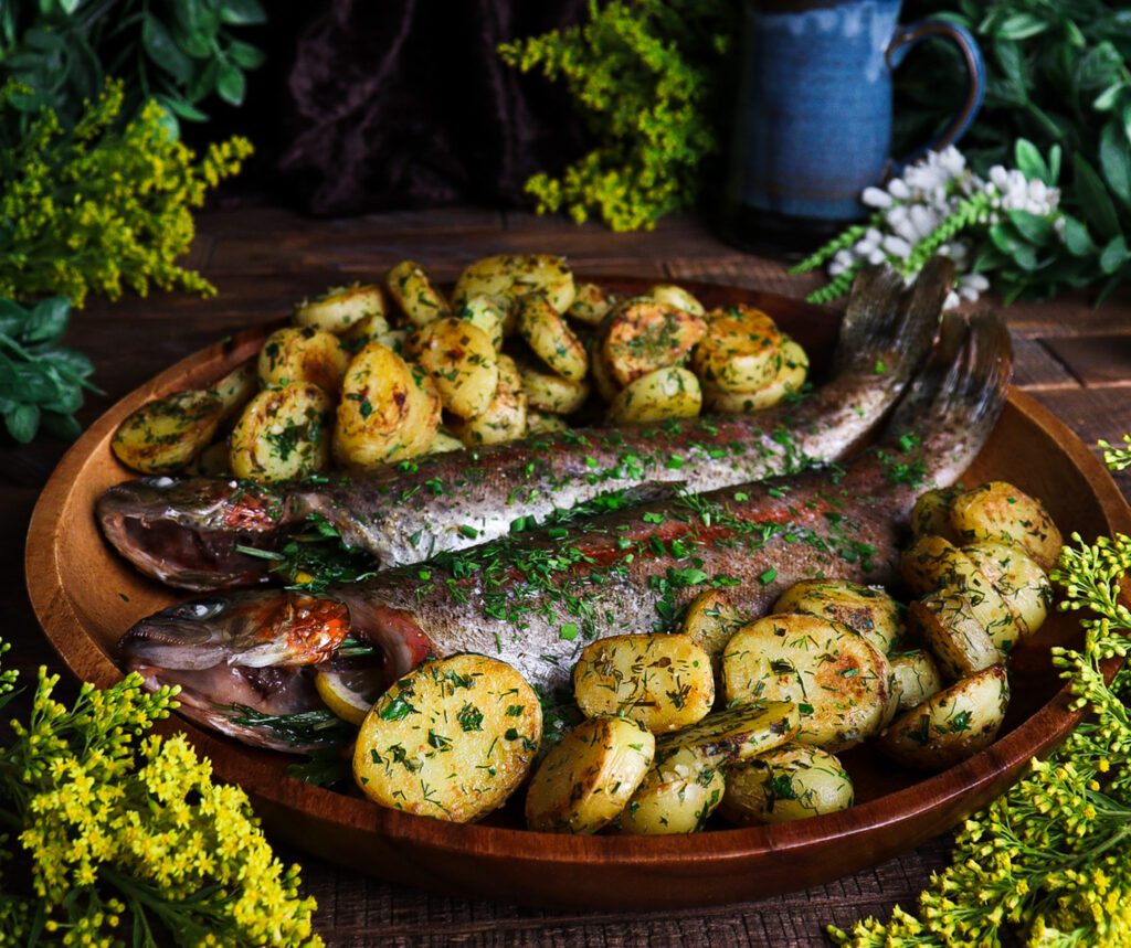 baked trout with herbs and lemon, sautéed new potatoes recipe, hobbit dinner recipes